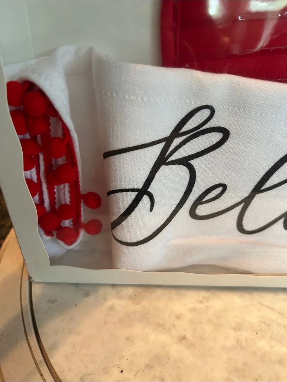 Believe Decorative Kitchen Towel & Red Pot Holder Set